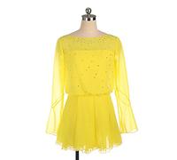 YXWYXWA Girls Figure Ice Skating Robe Femme Adulte Sparkly Rhingestone Long Manneve, Show Costume Race Jirt, Body Bodys de Gymnastique de Danse de Ballet, Jaune, XXS