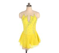 YXWYXWA Girls Figure Ice Skating Robe Femme Adulte Sparkly Rhingestone sans Manches Bodys Bodys Body, Spectacle de Race de Costume, Jupe de Gymnastique de Danse de Ballet, Jaune, XL