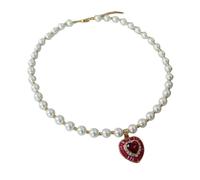 YXWYXWA Pearl Pendant Necklaces, Gold Plated Necklace Red White Vintage Heart and Pearl for Birthday