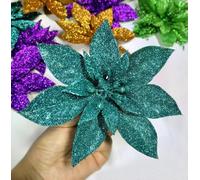 YYCRAFT Lot de 12 poinsettia à paillettes - 15,2 cm - Pour décorations de sapin de Noël - Bleu sarcelle