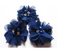 YYCRAFT Lot de 20 pcs Fleurs en Mousseline de Soie avec Strass et Perles pour Artisanat Couture Loisirs Créatifs Décoration de Mariage(5cm,Bleu Royal foncé)
