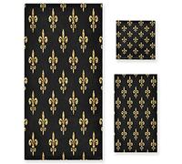 YYDSL Lot de 3 serviettes de bain en forme de fleur de lys 1 serviette de bain, 1 serviette de toilette, 1 gant de toilette vintage royal absorbant, doux pour douche, gym, spa, cuisine, hôtel