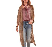 YYDSTYLE Cardigan en dentelle florale en crochet transparent pour femme - Kimono long à manches mi-longues en dentelle brodée de fleurs, café, taille unique