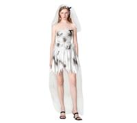 YYDSTYLE Costume de mariée cadavre pour femmes, costume de mariée effrayant, robe de mariée zombie avec bandeau et traînée en maille, costume d'Halloween (blanc, S)