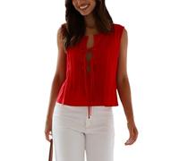 YYDSTYLE Débardeurs en lin avec nœud papillon sur le devant pour femmes, nuisette coquette péplum Y2k sans manches plissée à volants chemise tunique, Rouge, L