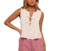 YYDSTYLE Débardeurs en lin avec nœud papillon sur le devant pour femmes, nuisette coquette péplum Y2k sans manches plissée à volants chemise tunique, blanc, M