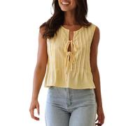 YYDSTYLE Débardeurs en lin avec nœud papillon sur le devant pour femmes, nuisette coquette péplum Y2k sans manches plissée à volants chemise tunique, jaune, S