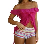 YYDSTYLE Haut court d'été Y2k à volants et épaules dénudées pour femme avec bordure à volants asymétrique, rose, M