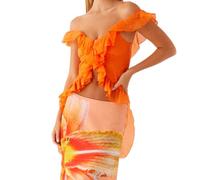 YYDSTYLE Haut court d'été Y2k à volants et épaules dénudées pour femme avec bordure à volants asymétrique, Orange, S