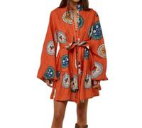 YYDSTYLE Mini robe d'été à motif graffiti floral Y2k pour femme, jolie robe chemise colorée à manches longues en coton et lin avec détails à lacets, Orange, XL