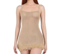YYDSTYLE Mini robe tricotée transparente décontractée à bretelles spaghetti Y2K avec ourlet à pompons pour femme, champagne, L