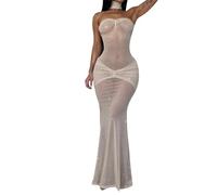 YYDSTYLE Nuisette transparente à paillettes brillantes sans bretelles, longue robe sirène transparente avec col ras du cou, blanc, M