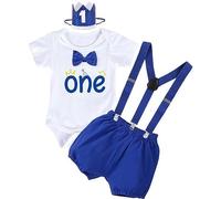 YYDSXK Bébé Garçons 1er Anniversaire Tenue, Ensemble Bébé Garçon 1er Anniversaire avec Grenouillère à Manches Courtes, Short, Bretelles, Bandeau Couronne, Gâteau Smash Photoshoot Vêtements