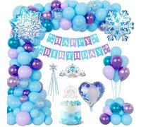 YYDSXK Decoration Anniversaire Fille, Princesse Ballon avec Happy Birthday Guirlande, Cake Topper, Couronne Wand Princesse, Foil Ballons - Bleu Violet Deco, Kit Decoration Anniversaire