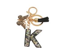YYHCC Porte-clés avec lettres personnalisées, papillon noir avec pompon, initiales - Petit cadeau pour femme (noir, K)