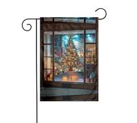 YYHHAOFA Arbre de Noël dans une fenêtre en verre motif quatre saisons drapeau de jardin décoration cour 30,5 x 45,7 cm