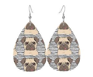 YYHHAOFA Boucles d'oreilles amusantes en cuir synthétique avec imprimé chien carlin heureux - Élégantes gouttes en similicuir pour un style festif et quotidien
