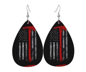 YYHHAOFA Boucles d'oreilles en cuir synthétique avec motif drapeau rouge et hache de pompier - Élégantes gouttes en similicuir pour un style festif et quotidien