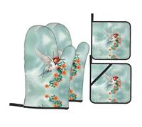 YYHHAOFA Colibri vole avec des imprimés de branches fleuries avec maniques et gants de cuisine résistants à la chaleur - Couches imperméables pour cuisiner, griller et servir, comprend une couche de
