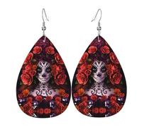 YYHHAOFA Day of the Dead Sugar Roses Skull Prints Drip Leather Boucles d'oreilles - Élégantes gouttes en similicuir pour un style festif et quotidien