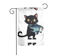 YYHHAOFA Drapeau de jardin motif chat tenant un gros poisson noir quatre saisons Décoration de cour 30,5 x 45,7 cm