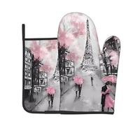 YYHHAOFA Ensemble de gants de cuisine et maniques Paris Street Tour Eiffel avec imprimé floral rose, anti-brûlure et isolant thermique
