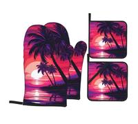 YYHHAOFA Ensemble de gants de cuisine et maniques pour cuisine - Isolés, épais, durables et anti-brûlure - Motif palmier violet