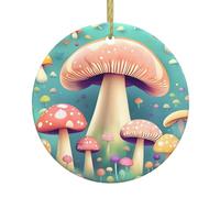 YYHHAOFA Joli pendentif rond en céramique avec motif de petits champignons de Noël - 7,4 cm équipé d'un câble métallique doré durable pour l'accrocher facilement aux arbres de Noël