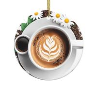 YYHHAOFA Pendentif rond en céramique à suspendre Motif arbre de Noël Café à côté des fleurs 7,4 cm Porcelaine blanche exquise Suspension facile