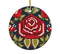 YYHHAOFA Pendentif rond en céramique style broderie ukrainienne rose - 7,4 cm équipé d'un câble métallique doré durable pour l'accrocher facilement aux arbres de Noël