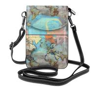 YYHHAOFA Petit sac à main pour téléphone portable 19,3 x 12,4 cm, motif carte du monde de dessin animé, étui à rabat en cuir pour femme, parfait pour la marche, le camping