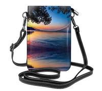 YYHHAOFA Petit sac à main pour téléphone portable 19,3 x 12,4 cm, motif coucher de soleil sur la plage, étui à rabat en cuir pour femme, parfait pour la marche, le camping, noir