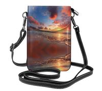 YYHHAOFA Petit sac à main pour téléphone portable 19,3 x 12,4 cm, motif coucher de soleil sur la plage, image panoramique, étui à rabat en cuir pour femme, parfait pour la marche, le camping, noir
