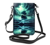 YYHHAOFA Petit sac à main pour téléphone portable 19,3 x 12,4 cm, motif monstre marin, bateau, étui à rabat en cuir pour femme, parfait pour la marche, le camping, noir