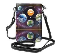 YYHHAOFA Petit sac à main pour téléphone portable 19,3 x 12,4 cm, motif planètes du monde extraterrestre, étui à rabat en cuir pour femme, parfait pour la marche, le camping, noir