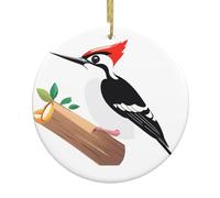 YYHHAOFA Pic à la recherche de nourriture imprimé arbre de Noël pendentif rond en céramique à suspendre - 7,4 cm exquise porcelaine blanche suspension facile