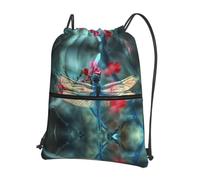 YYHHAOFA Sac à dos à fermeture éclair avec cordon de serrage et imprimé libellule sur les fleurs, durable, léger et résistant à l'eau pour les voyages, le sport et le transport quotidien