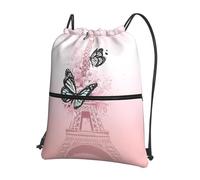 YYHHAOFA Sac à dos à fermeture éclair avec cordon de serrage et tour de Paris et imprimé papillon - Sac de sport léger avec tissu résistant à l'eau, poche avant pratique et sangles réglables pour le
