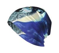 YYHHAOFA Wolf Under Moon Bonnet tricoté pour adulte, décontracté, élastique sans bord, noir