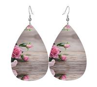YYHWHJDE Boucles d'oreilles en cuir avec roses roses (1) imprimées en forme de larme - Couches pendantes vibrantes pour femme, bijoux tendance légers pour les fêtes et le quotidien