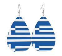 YYHWHJDE Boucles d'oreilles en cuir en forme de larme avec imprimé drapeau grec - Couches pendantes vibrantes pour femme, bijoux tendance légers pour les fêtes et au quotidien