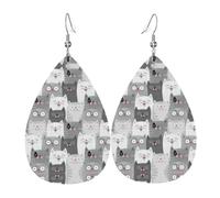 YYHWHJDE Boucles d'oreilles mignonnes drôles en cuir avec motif de chats gris en forme de larme - Boucles d'oreilles pendantes légères pour femme, gouttes en similicuir vif avec crochets plaqués