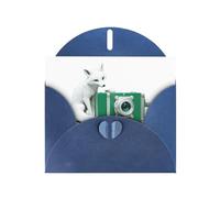 YYHWHJDE Carte de vœux bleue Motif renard blanc à côté de l'appareil photo vert Idéal pour la Saint-Valentin, un anniversaire de mariage et des invitations de fête