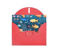YYHWHJDE Carte de vœux rouge avec motif de poisson bleu pour Noël, anniversaire d'enfant, Saint-Valentin et invitation à une fête