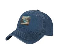 YYHWHJDE Casquette de baseball classique en denim délavé noir avec imprimé côte tranquille réglable en coton pour homme et femme, bleu marine, Taille unique