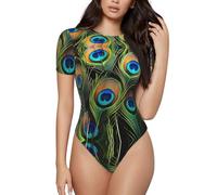 YYHWHJDE Combinaison moulante à col rond et manches courtes pour femme Motif plumes de paon, Noir , 3XL