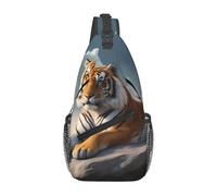 YYHWHJDE Cross Chest Bag Diagonally Sac à bandoulière de qualité, durable et spacieux pour homme et femme, tigre majestueux reposant sur un rocher avec des imprimés ciel nuageux, noir, taille unique,