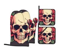YYHWHJDE Day of the Dead Sugar Roses Skull Lot de 4 pièces de cuisine - Gant de cuisine isolé et manique anti-brûlure et isolation thermique