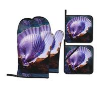 YYHWHJDE Ensemble de 4 pièces à motif coquillage violet pailleté comprenant 2 gants isolants et 2 coussinets pour couvercles de casserole avec poches, anti-brûlure et isolation thermique