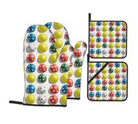 YYHWHJDE Ensemble de 4 pièces de cuisine avec motif boules de pickleball - Gant de cuisine isolé et manique anti-brûlure et isolation thermique
